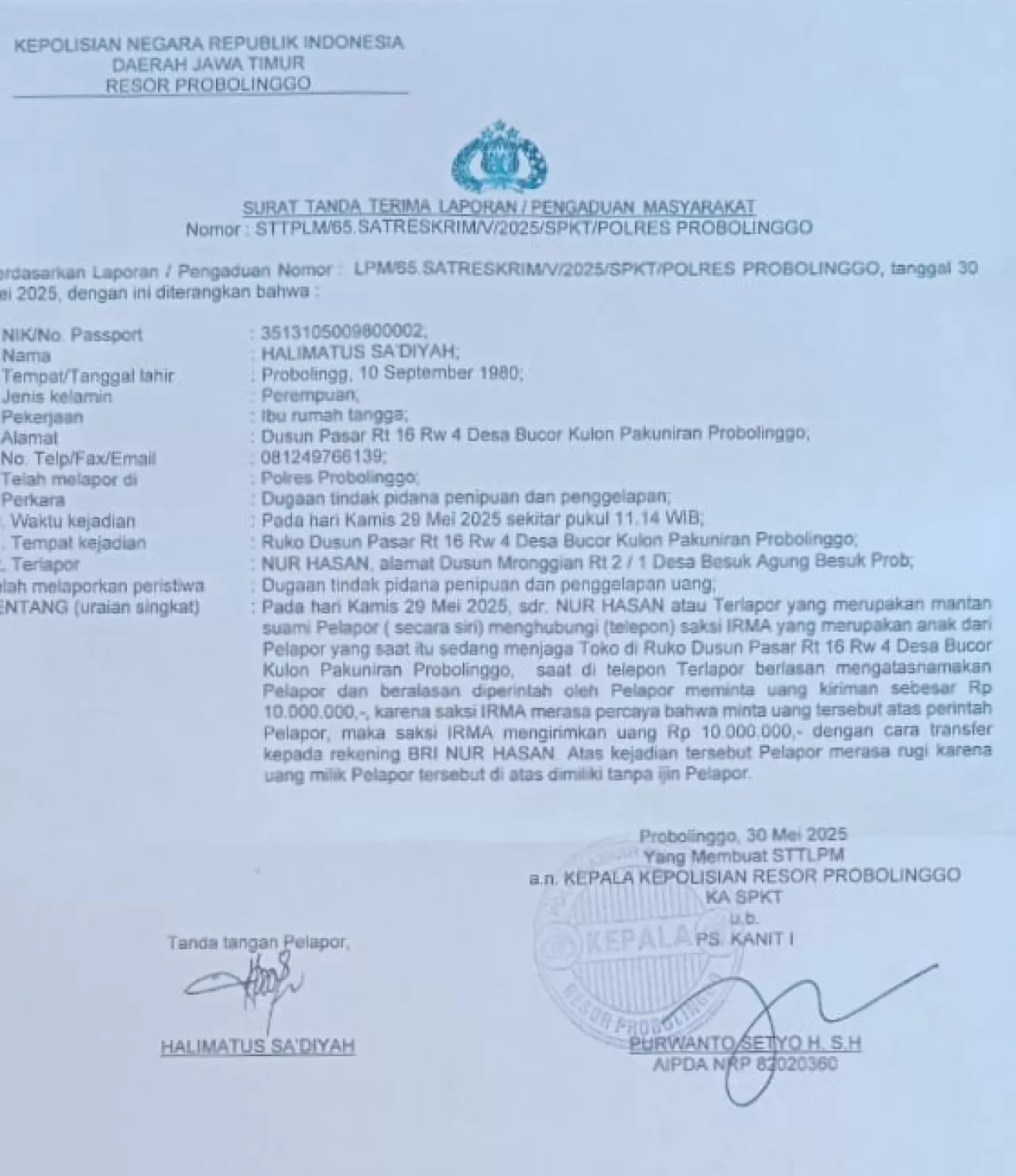 Hoax...Dugaan Perselingkuhan Oknum guru SD, Halima Bantah Keras dan Melaporkan Mantan Suami Siri ke Polres Probolinggo
