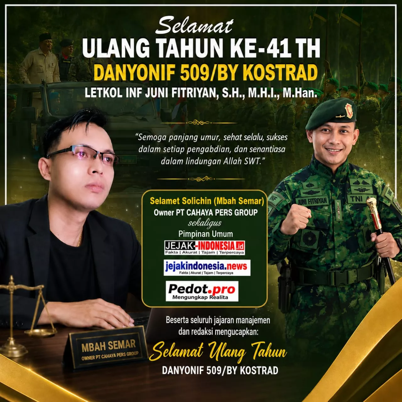 Selamat HUT ke-41 Danyonif 509/BY Kostrad, Mbah Semar: Semoga Semakin Profesional dan Dicintai Rakyat